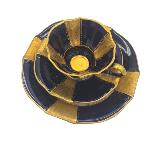 PARAGON Other - Vtg Lindner Küps Bavaria Echt Cobalt Gold Demitasse Trio Cup Saucer Plate MCM